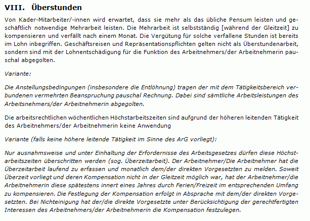 Beispiel für Variante beim Kaderarbeitsvertrag